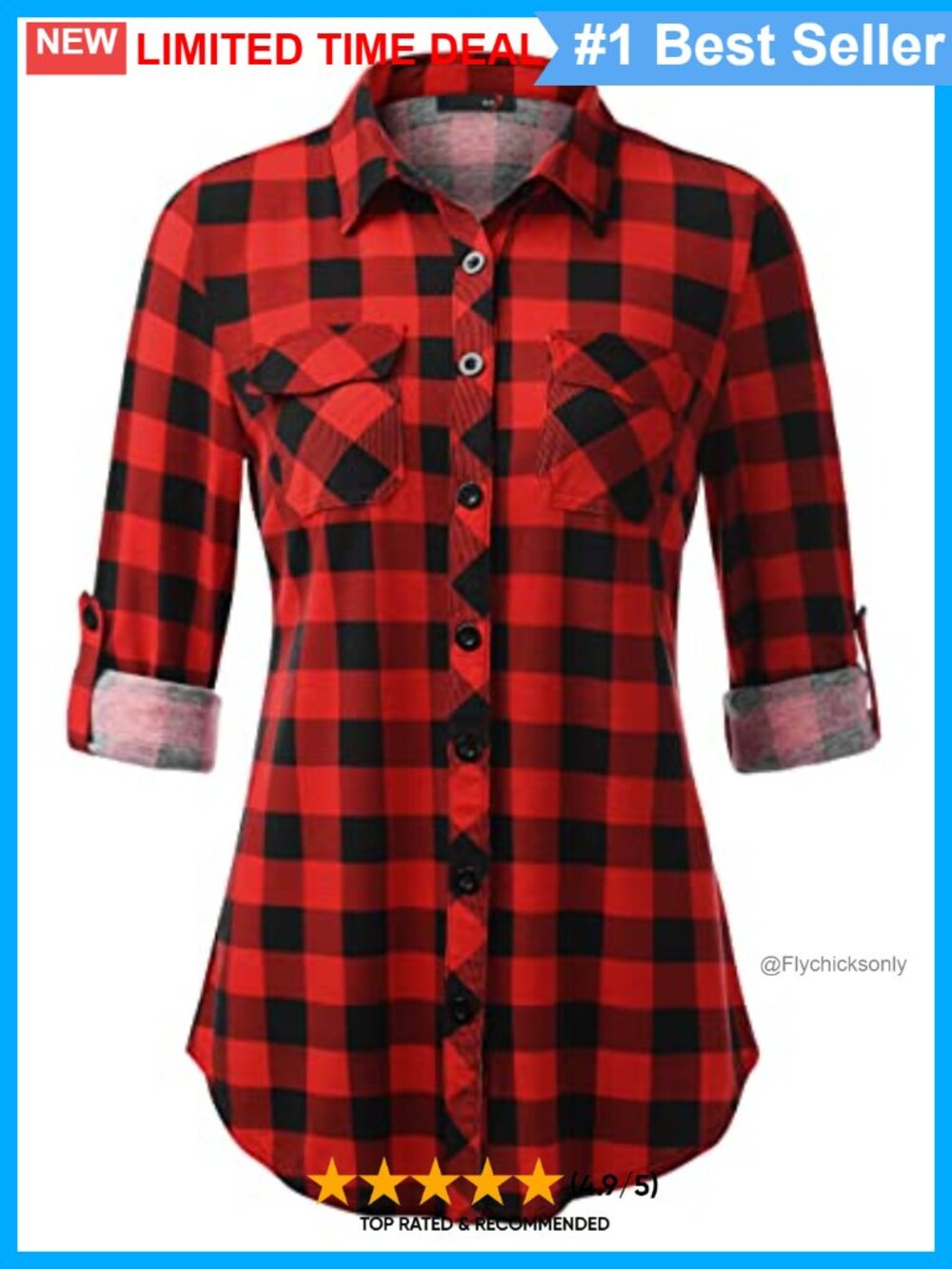 Womens Soft Stretchy Knit Plaid Button Down Blouse Roll Up Long Sleeve Collared